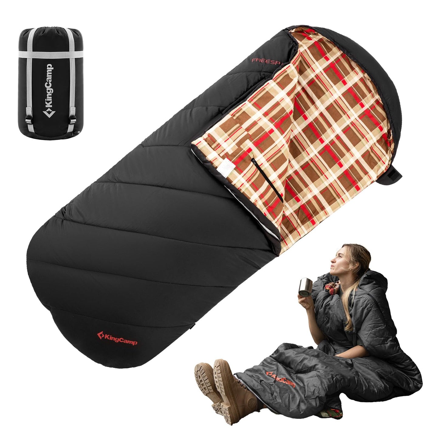 KingCamp Sleeping Bag for Adults, Cold Weather & Warm Extra Wide Big & Tall XL Portable Waterproof Flannel Sleeping Bags, Essentials Gear Accessories for Camping Backpacking Hiking Indoor & Outdoor