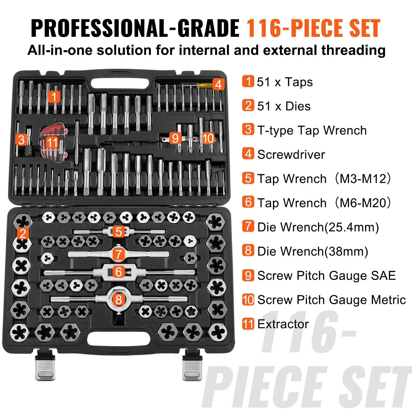 116-Piece Tap and Die Set Include Metric and SAE