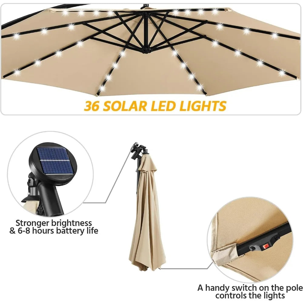 10FT Solar Offset Umbrella with 32 LED Lights