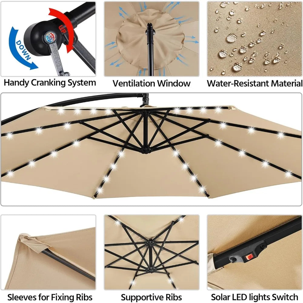 10FT Solar Offset Umbrella with 32 LED Lights