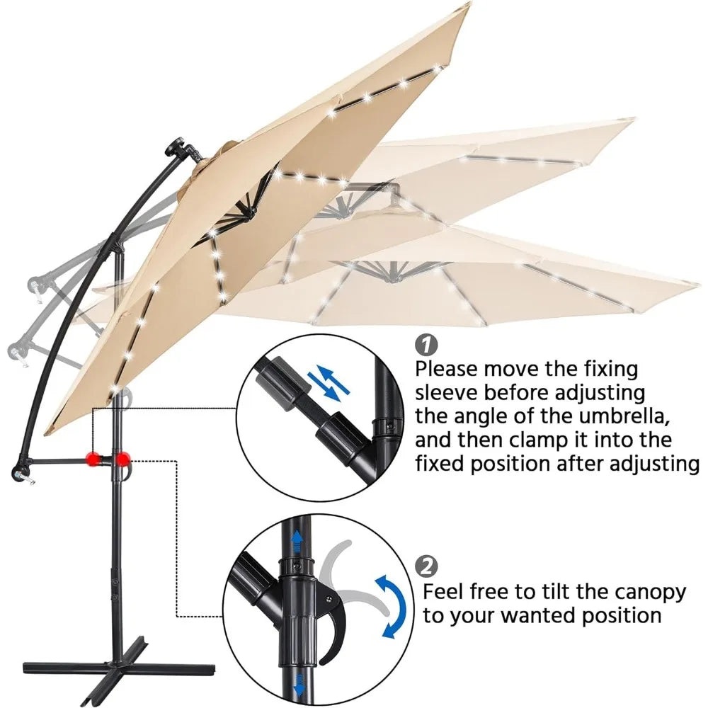 10FT Solar Offset Umbrella with 32 LED Lights