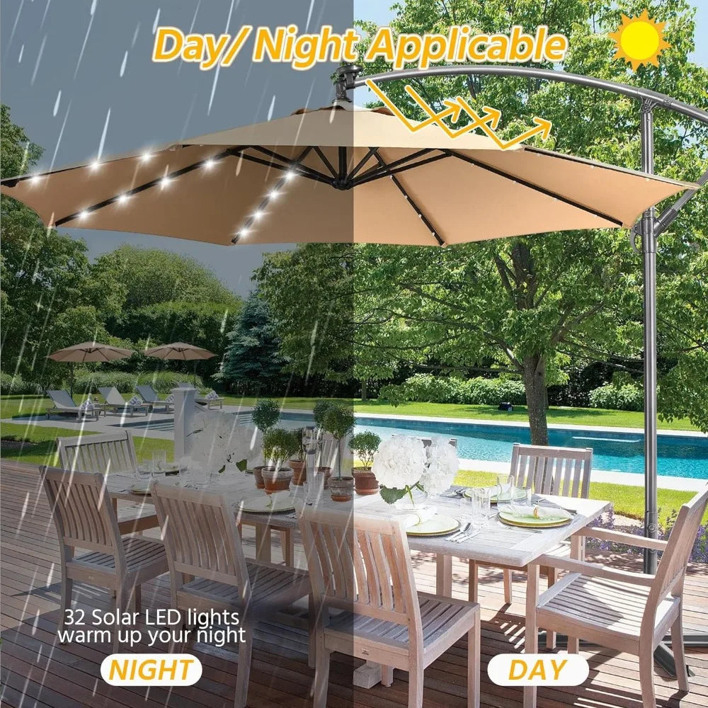 10FT Solar Offset Umbrella with 32 LED Lights