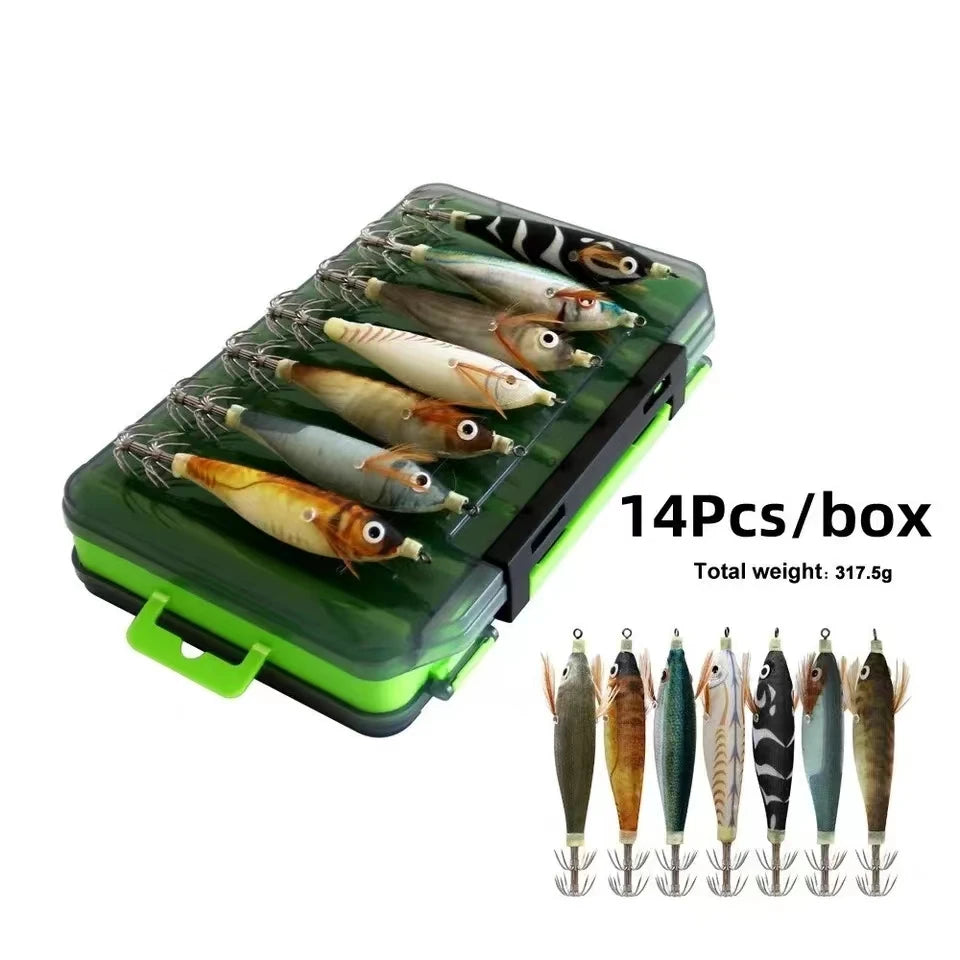 14pcs Luminous wood Squid Jig