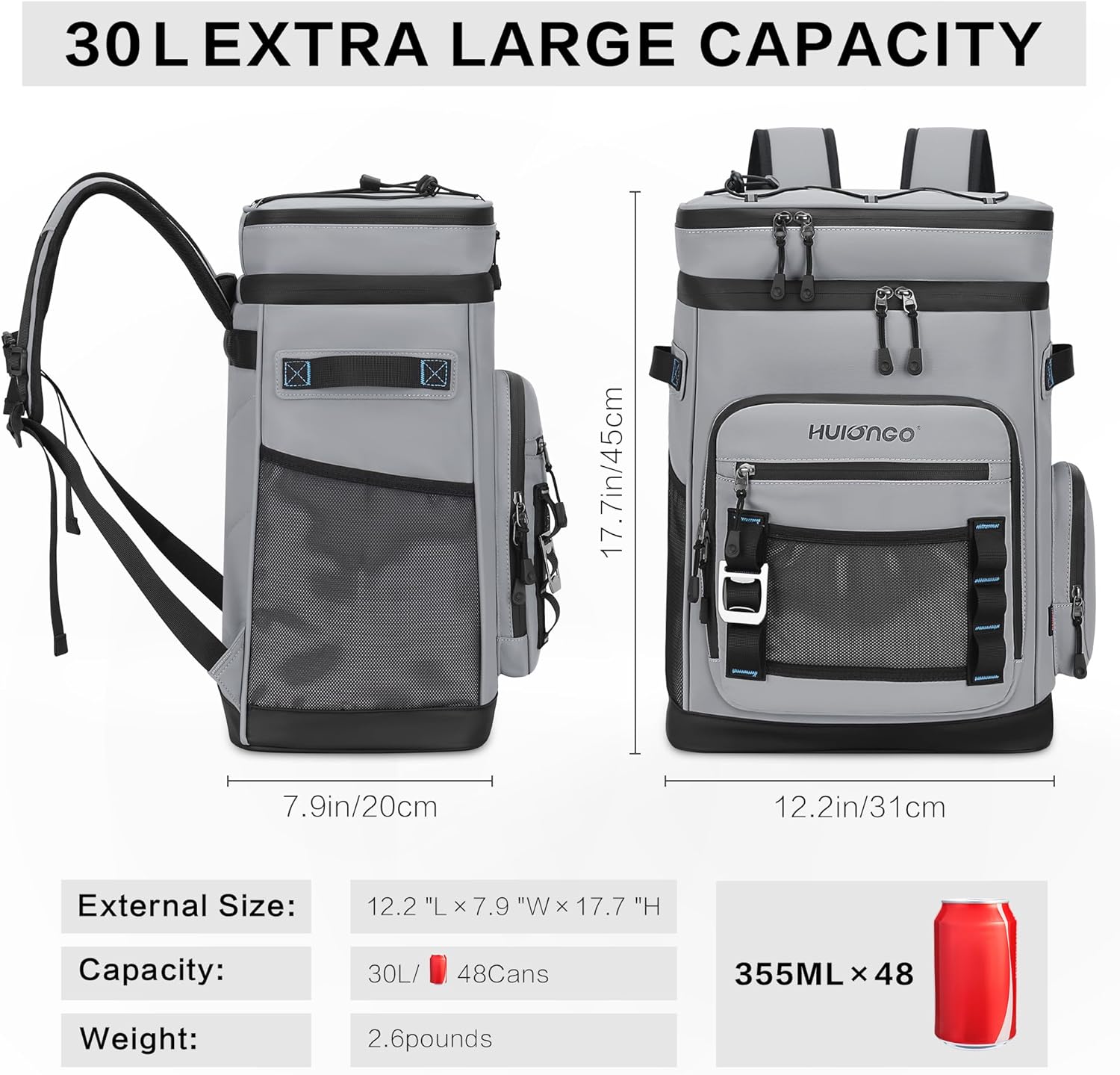 Large Waterproof Insulated Cooler Backpack for Men & Women, Leak Proof Cooler Backpack for Camping, Beach, Fishing, Picnic, Travel, Outdoor, 30L, 48Cans